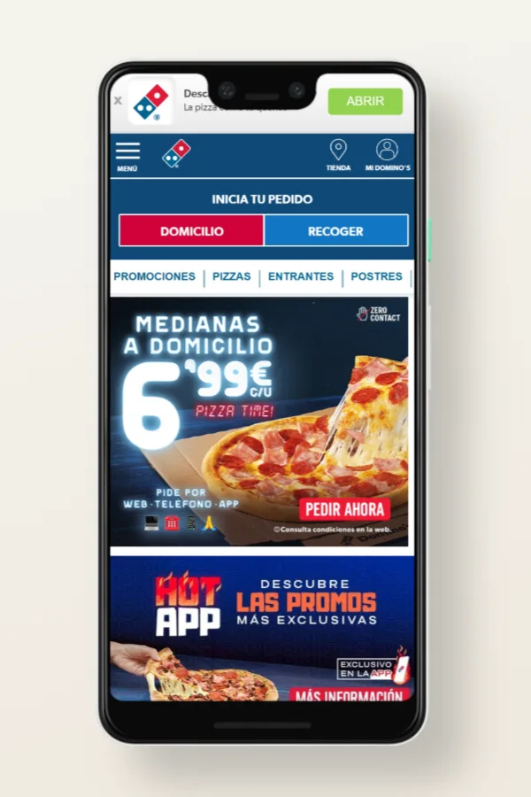 Versión móvil de la web de Dominos