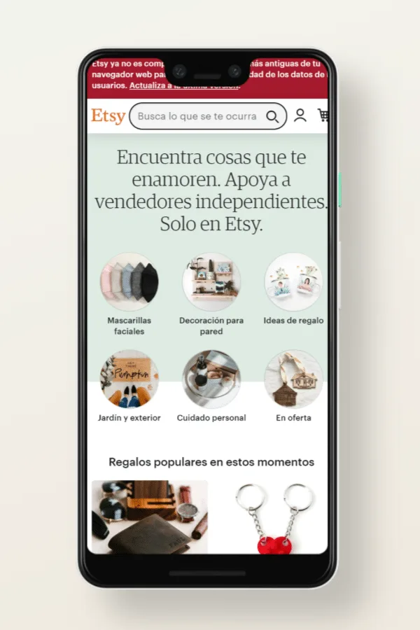 Etsy, versión sitios web para móviles