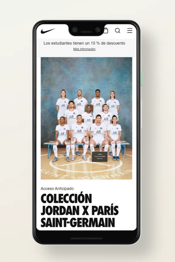 Versión móvil de la web de Nike