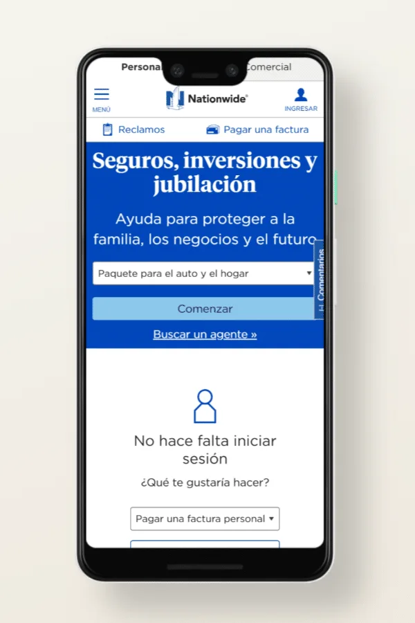 Seguros Nationwide, versión sitios web para móviles