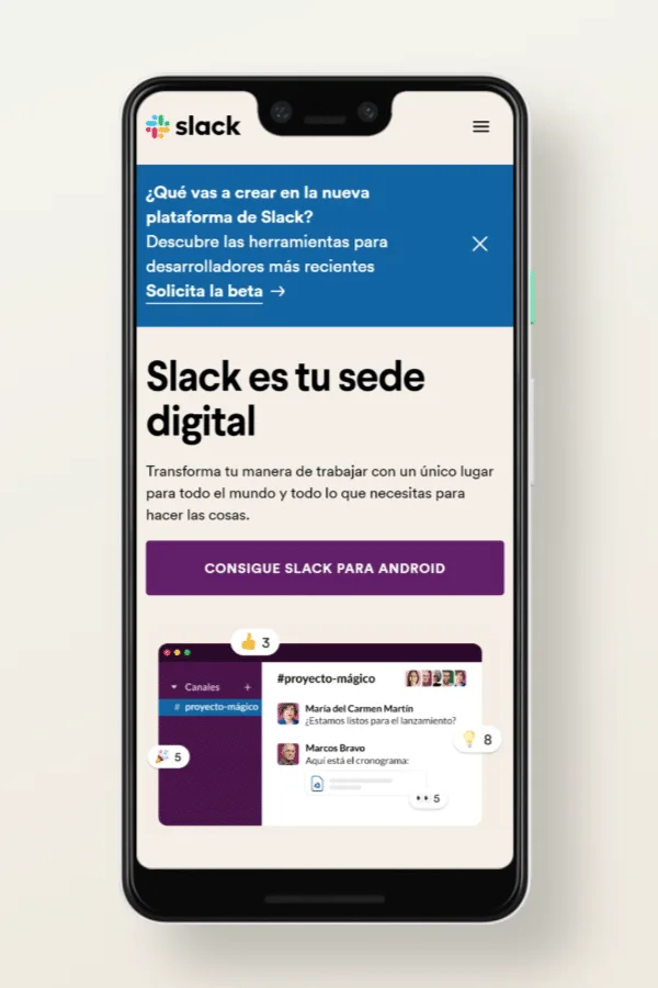 Slack, versión sitios web para móviles