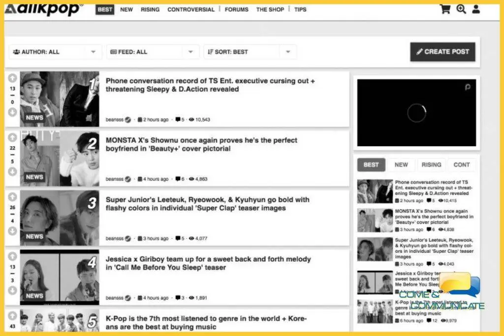 Imagen de la página de inicio de la web coreana AllKpop.