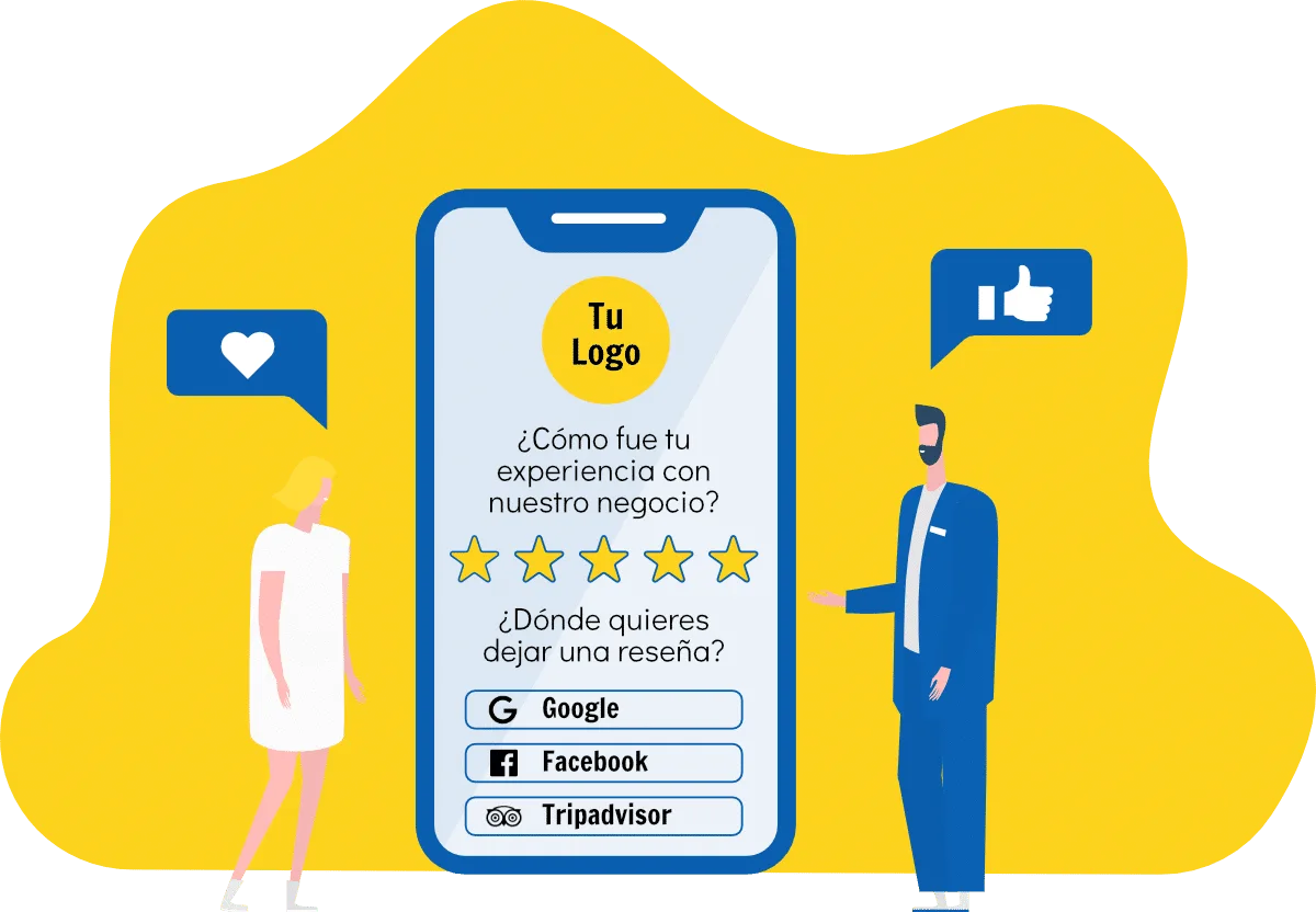 Ilustración de un chico y una chica rellenando un formulario para dejar una reseña online