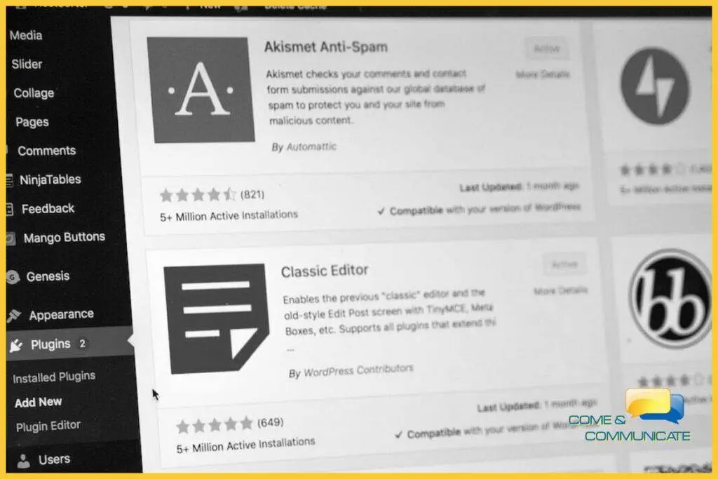 Pantallazo de plugins de WordPress donde se ve el plugin Akismet Anti-Spam.