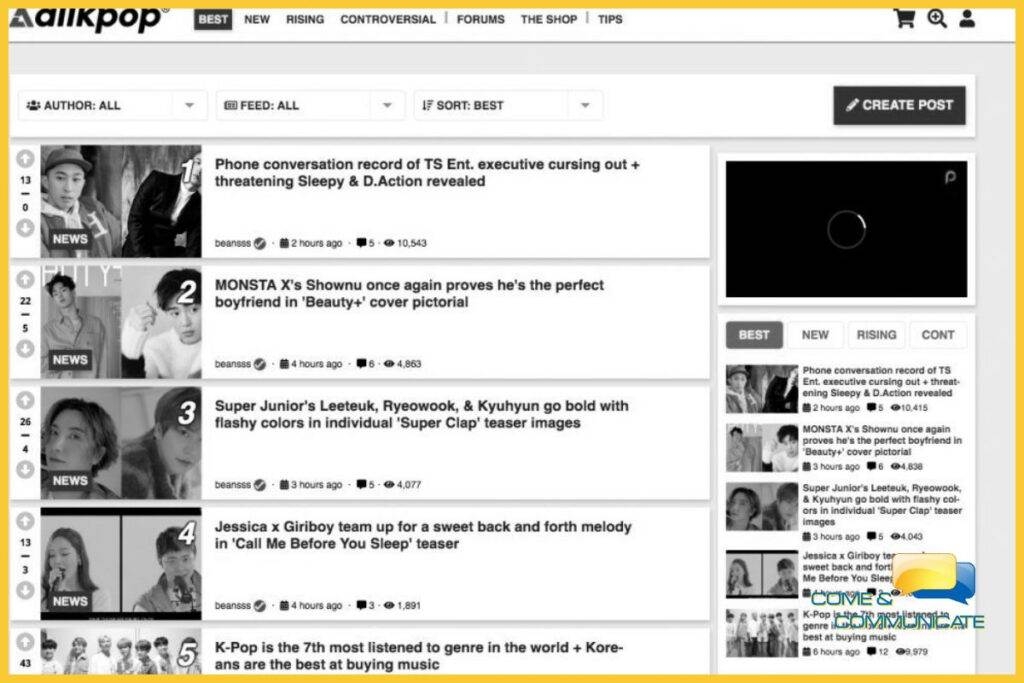 Cómo optimizar una página web para móviles Imagen de la página de inicio de la web coreana AllKpop.