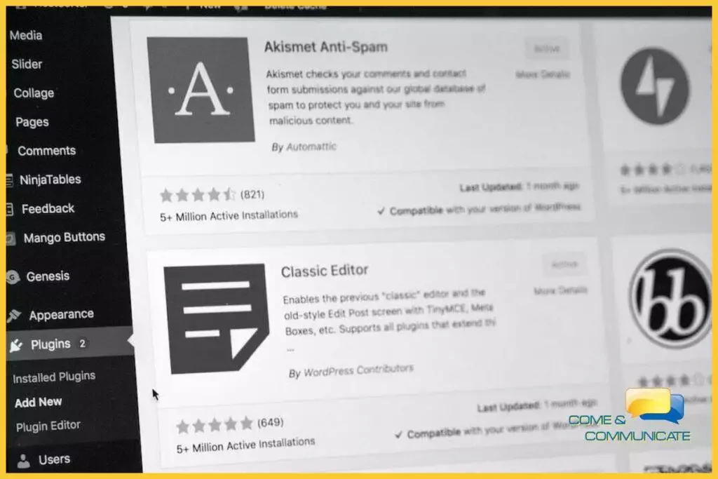 Pantallazo de plugins de WordPress donde se ve el plugin Akismet Anti-Spam.
