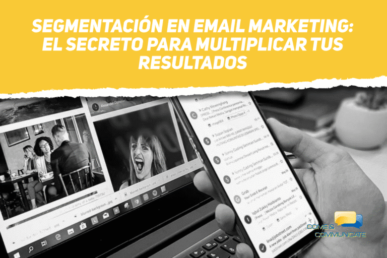 Una mano manejando un móvil y en segundo plano la pantalla de un portátil con imágenes de gente joven