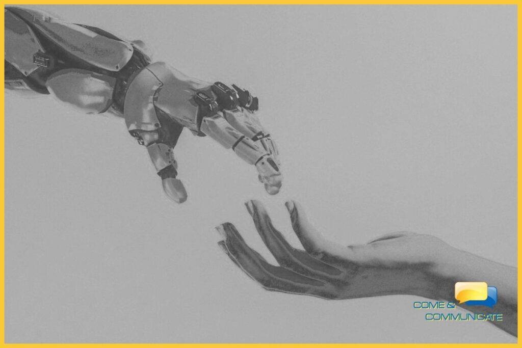 Una mano robótica futurista y una mano humana se acercan la una a la otra en un gesto simbólico sobre un fondo gris neutro.
