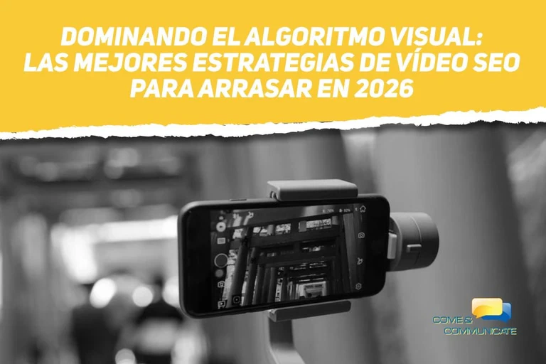 Imagen que ilustra las estrategias de vídeo SEO de 2026, mostrando un smartphone en un estabilizador grabando un vídeo para una campaña de marketing digital de Come & Communicate.