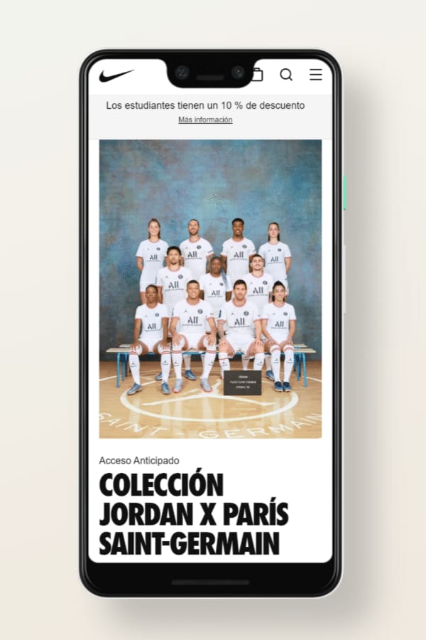 Versión móvil de la web de Nike