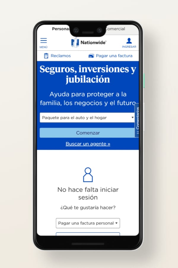 Seguros Nationwide, versión sitios web para móviles