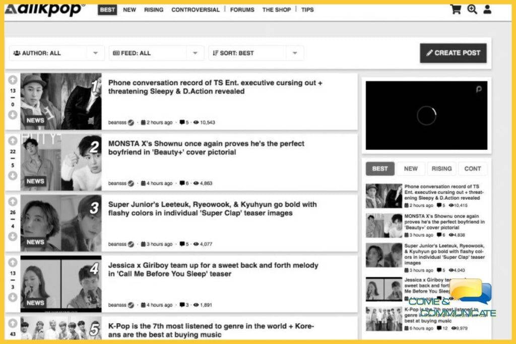 Imagen de la página de inicio de la web coreana AllKpop.