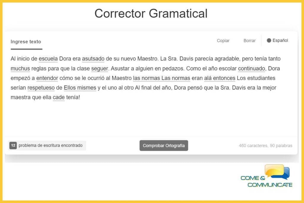 Pantallazo del corrector gramatical online Reescribir Textos
