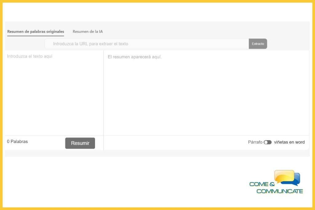 Pantallazo de la web Reescribir Textos para hacer resúmenes de palabras originales