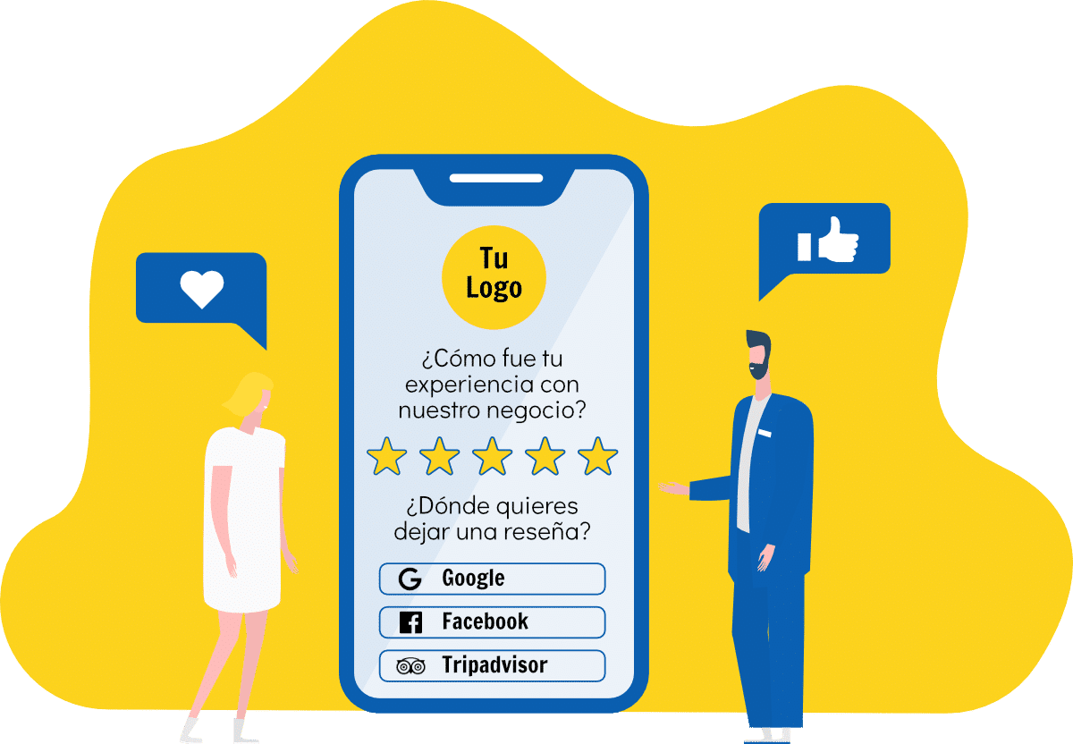 Ilustración de un chico y una chica rellenando un formulario para dejar una reseña online