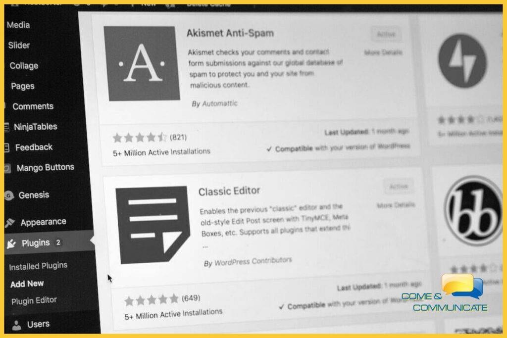 Pantallazo de plugins de WordPress donde se ve el plugin Akismet Anti-Spam.