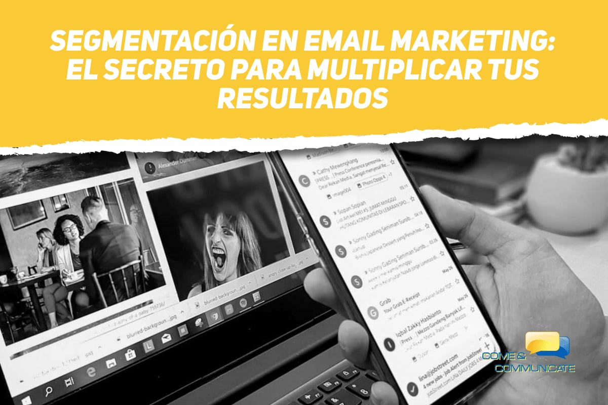 Una mano manejando un móvil y en segundo plano la pantalla de un portátil con imágenes de gente joven