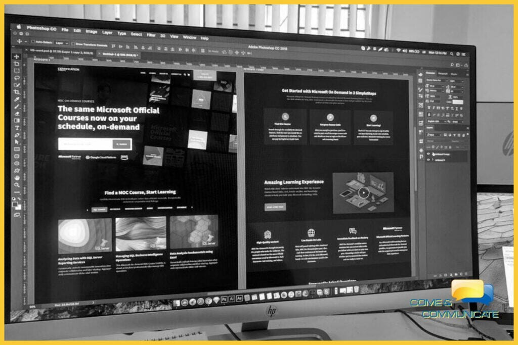 Puesto de trabajo de un diseñador UX/UI con dos pantallas que muestran el proceso de creación de un wireframe, una fase técnica clave en la estrategia de rediseño web.