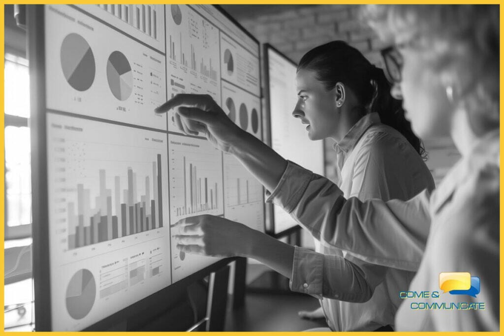 Analizando las métricas y los KPIs en un gráfico ascendente para medir el éxito y el ROI de la estrategia de redes sociales.