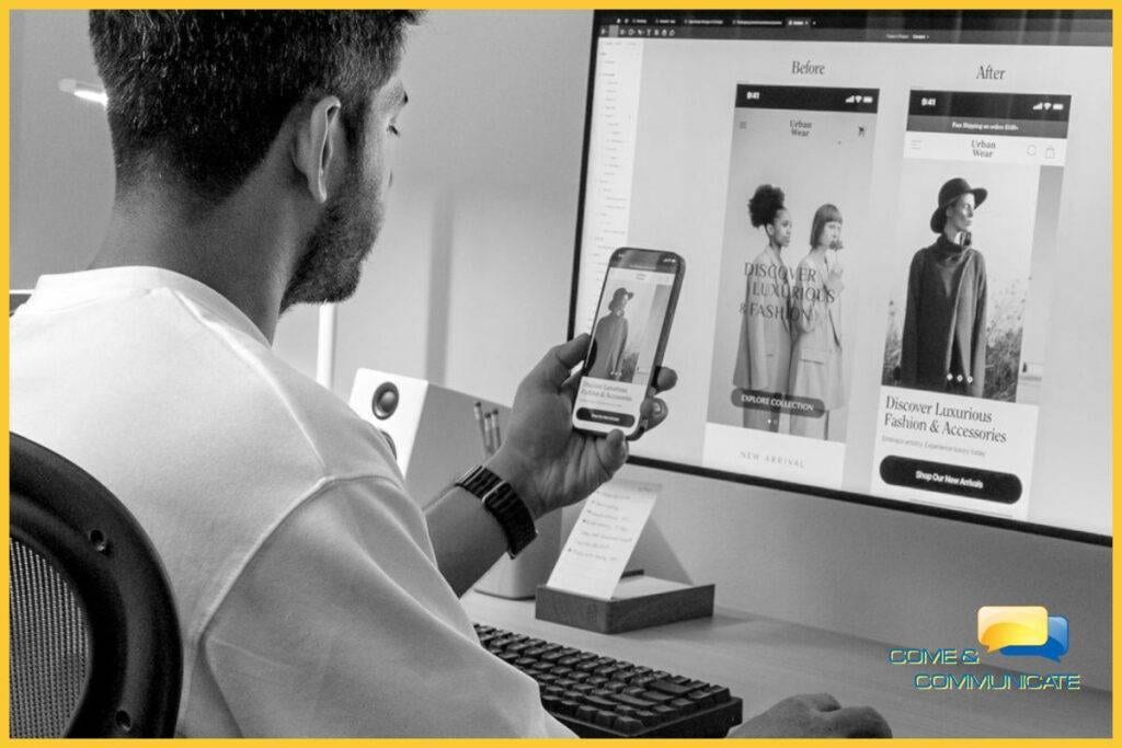 Un diseñador UX/UI trabajando en su escritorio, comparando el diseño de una app de moda en su smartphone con las versiones "Before" y "After" en un monitor grande. Esta imagen muestra el proceso de optimización de la experiencia de usuario para una aplicación móvil para tu negocio.