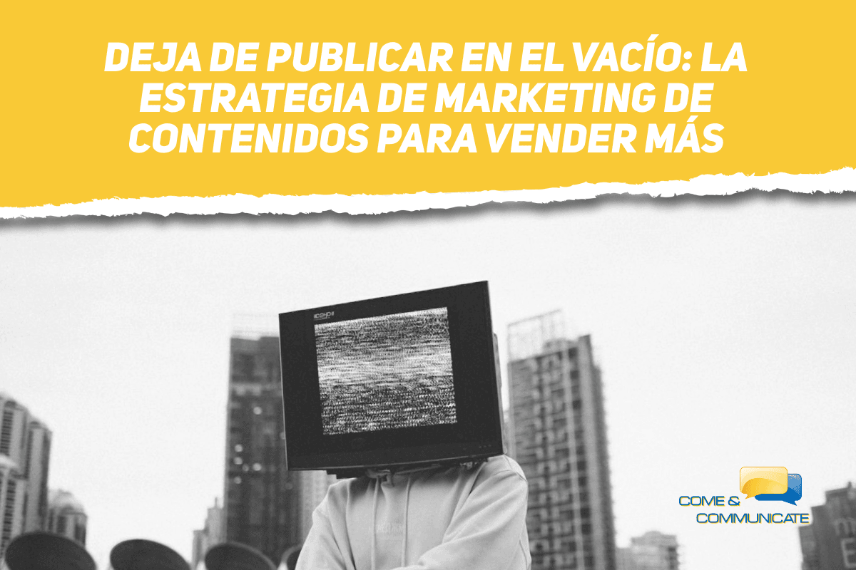 Una persona con un televisor con estática por cabeza, representando el "publicar en el vacío" que se evita con una buena estrategia de marketing de contenidos.
