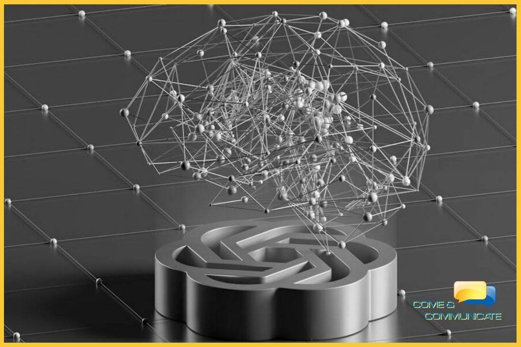 Ilustración conceptual en blanco y negro que muestra una compleja red neuronal de 'alambre' con forma de cerebro humano flotando sobre el logotipo físico de OpenAI (creadores de ChatGPT). Logotipo de Come & Communicate en la esquina.