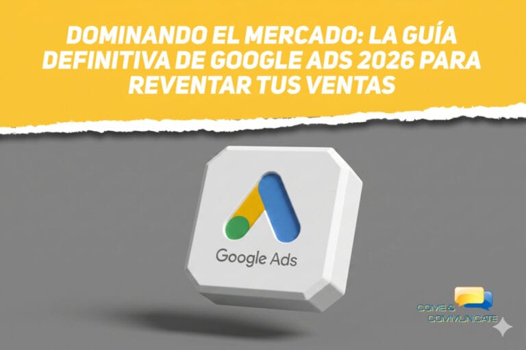 Guía de Google Ads 2026 para empresas con logotipo en 3D sobre fondo amarillo y gris de Come and Communicate