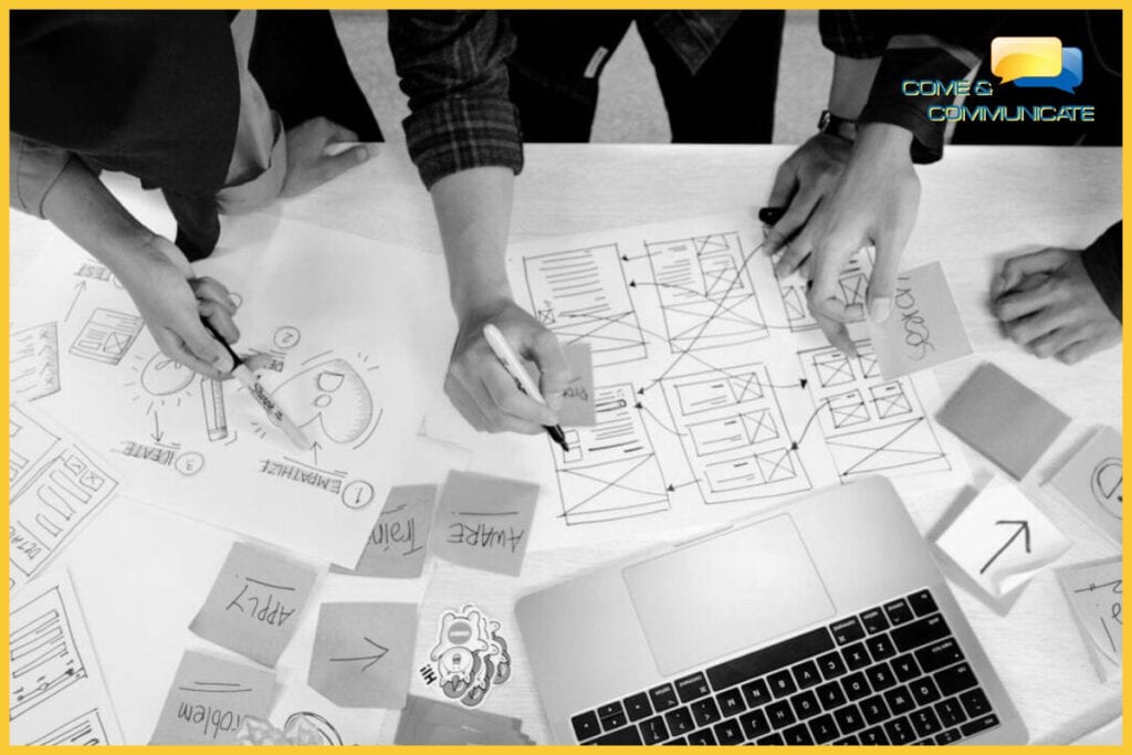 Vista cenital de un equipo colaborando en el diseño de una interfaz de usuario (UX/UI). Manos dibujan en bocetos de wireframes de papel y utilizan notas adhesivas dispersas con texto legible que incluye "PROBLEM", "AWARE", "APPLY.", "IDEATE.", "SEARCH.", y "EMPATHIZE". Un ordenador portátil MacBook y el logotipo de la agencia "COME & COMMUNICATE" son visibles en la mesa.