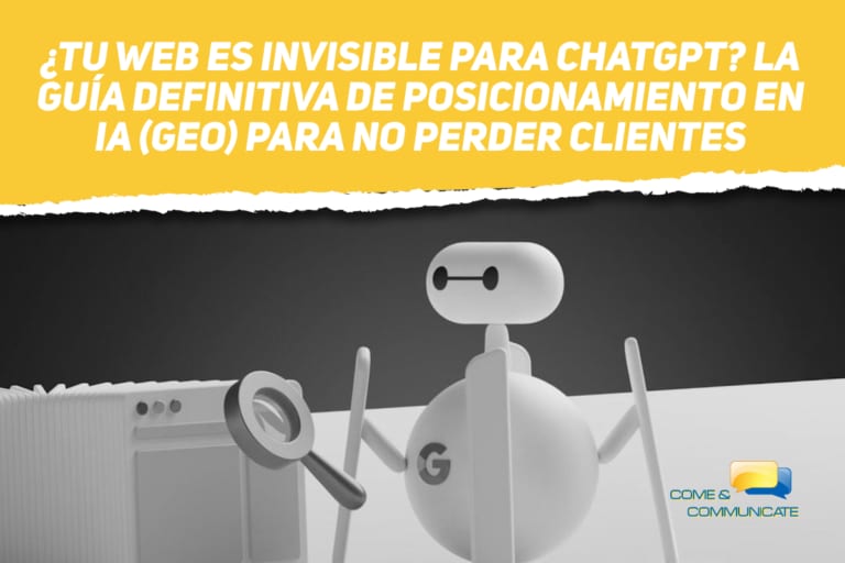 Ilustración corporativa de la agencia Come & Communicate con un robot examinando un sitio web mediante una lupa, enfocada en estrategias de posicionamiento en IA y optimización de motores generativos (GEO) para empresas.