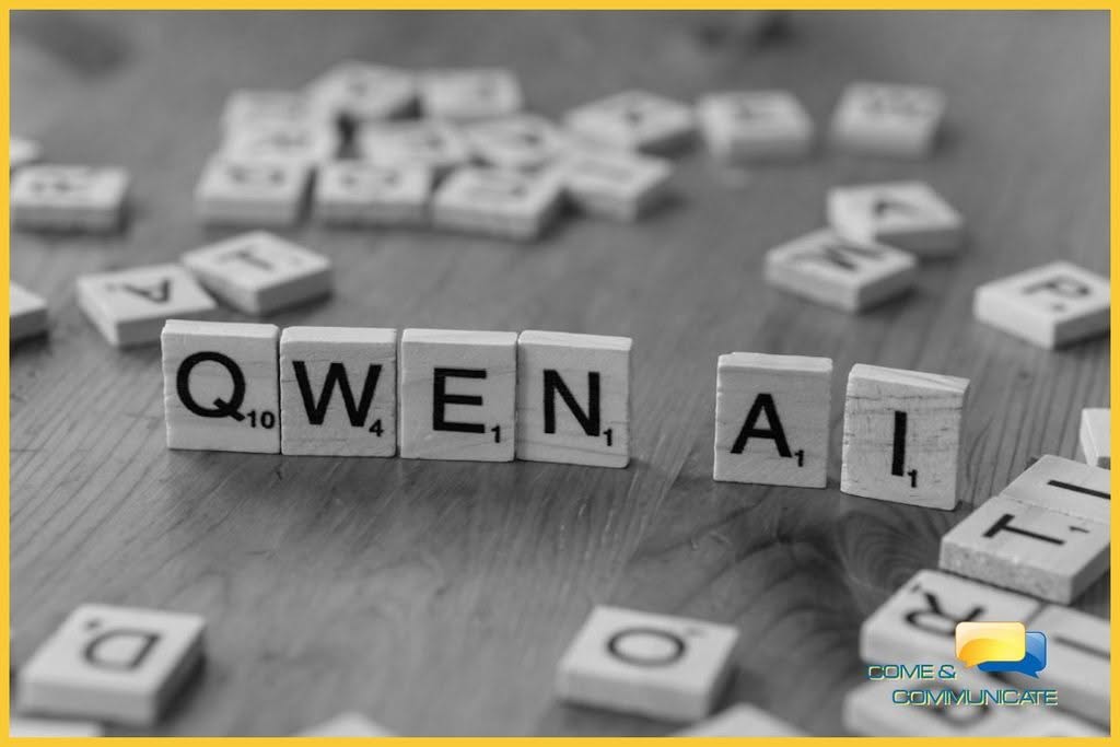 Fichas de letras formando la palabra Qwen AI como herramienta para descubrir fuentes de contenido en Come & Communicate.